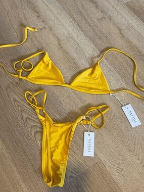NWT Natasia Swimwear Yellow Triangle String Bikini Set